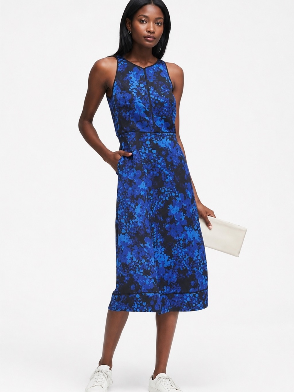 Banana Republic Blue Floral Midi Dress Size 10 Sleeveless Fit & Flare Pockets